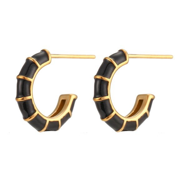 Black Enamel Bamboo C Shape Hoop Huggie Earrings 18K Gold Plated Stainless Steel - Picture 1 of 5